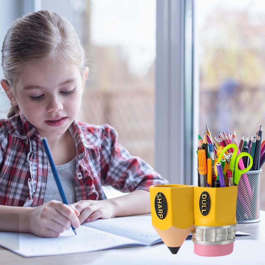 Sharp and Dull Pencil Holder for Classroom, Pencil-Shaped Dispenser, Storage Organizer for School, Teachers Office Desk Ideas (Yellow)
