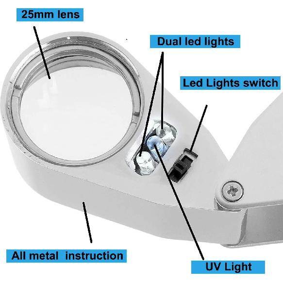 2 Pack 40X Illuminated Jewelers Loop, JLY Pocket Folding Full Metal Jewelers Loupe Magnifying Glass with Lights for LED Currency Detecting, Jewelry