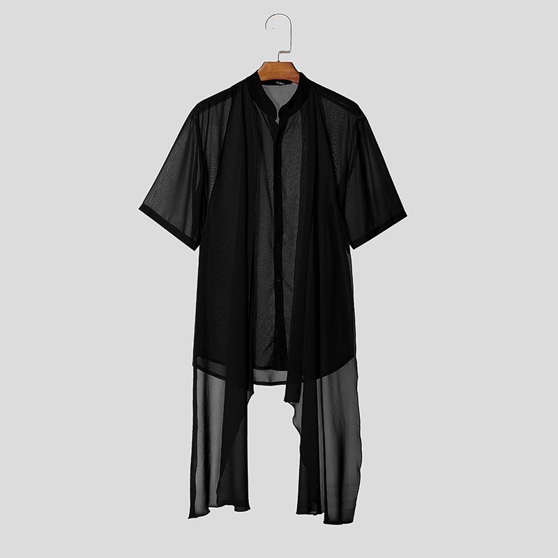 INCERUN Men Stand Neck Short Sleeve Double Layers Buttons Mesh Sheer Casual Shirts