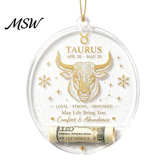 Hanging Decor for Showcase Christmas Tree Money Holder Pendant, Transparent Acrylic Round Ornament, 12 Holiday Gift Tags Zodiac Signs Theme Decorative
