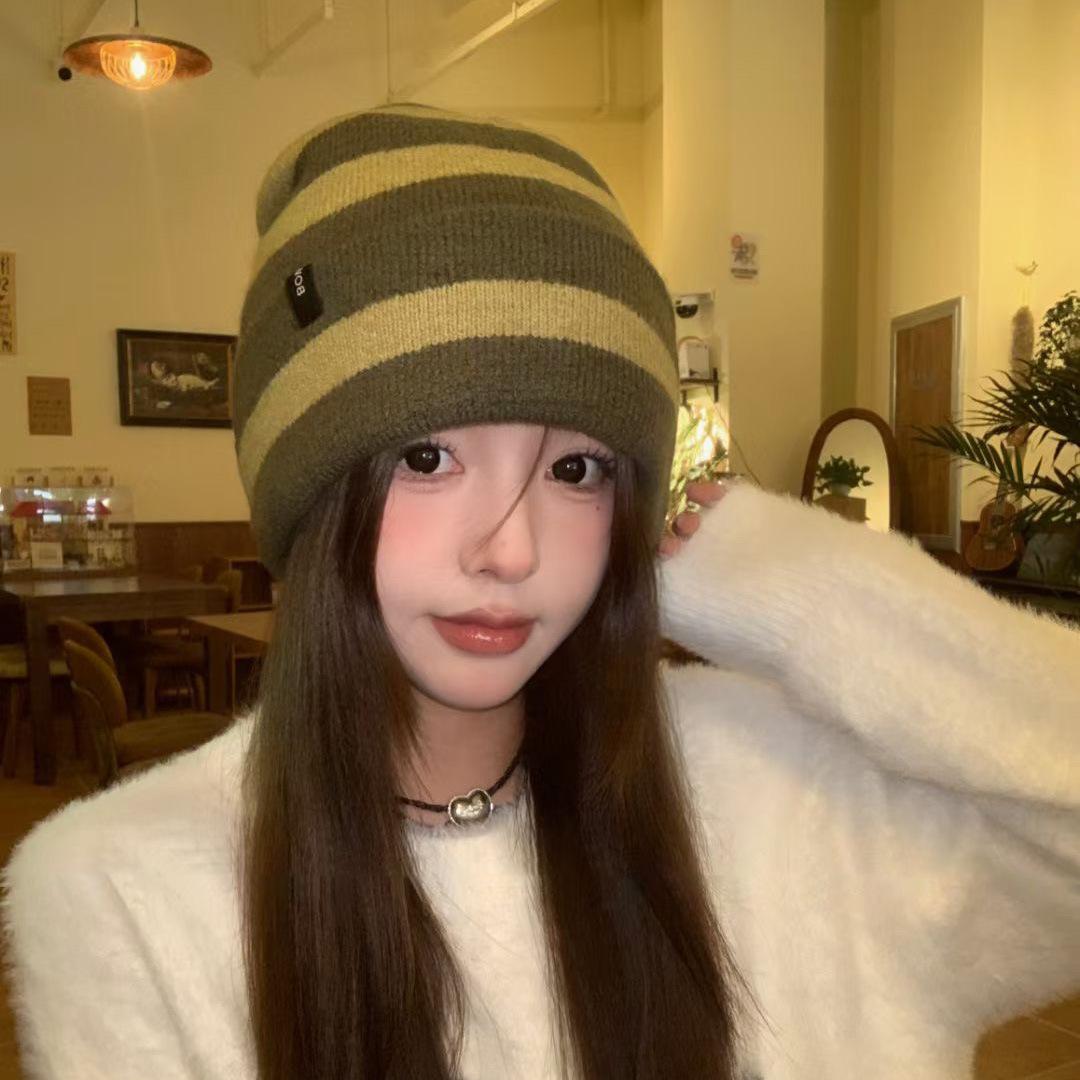 

Autumn and winter thickened wool blended wool hat women s big head circumference showing face small couple striped double-sided stacking hat M（56-58cm） чорний колір сірий