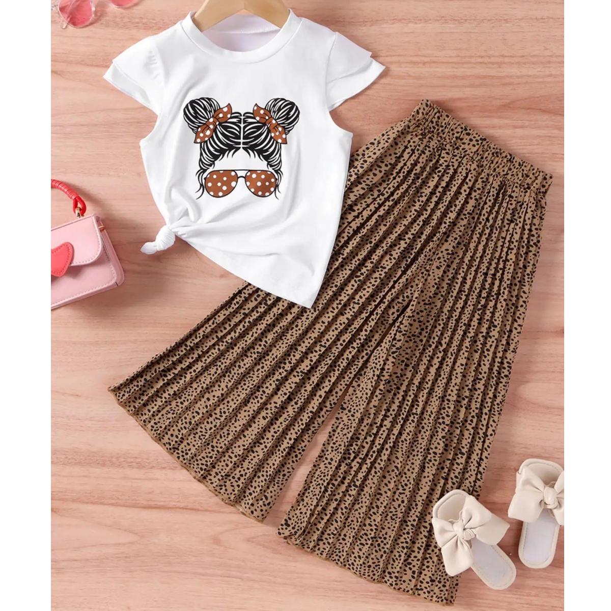 

Летняя одежда для девочек, новая белая футболка с короткими рукавами с рисунком + широкие плиссированные брюки, повседневный комплект из 2 предметов, детский модный костюм 7y