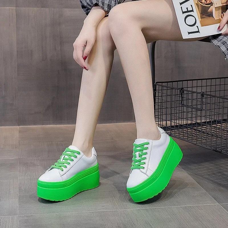 Fashion High quality 8cm Super High Platform Wedge Sneakers Genuine Leather Shoes Women Spring Autumn Green White Shoes Summer Sneakers