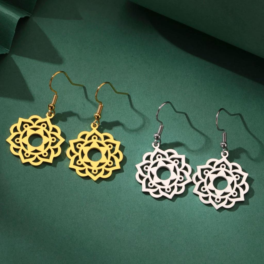 LIKGREAT Stainless Steel Lotus Flower Earrings Elegant Mandala Chakra Drop Pendant Women Healing Buddha Spiritual Yoga Jewelry