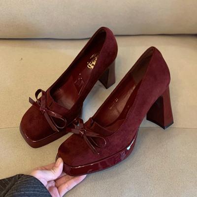 Moda Primavera Nuevos Zapatos Individuales de Tacón Grueso para Mujer Moda Punta Cuadrada Boca Baja Ante Nudo de Mariposa Plataforma Impermeable Tacones Altos