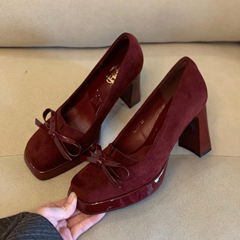 Fashion Spring New Coarse Heel Single Shoes Women Fashion Square Head Shallow Mouth Suede Butterfly Knot Waterproof Platform High Heels