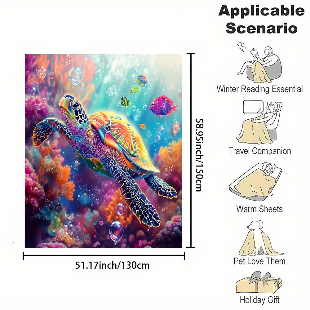 Turtle Fish Print Flannel Throw Blanket - Reversible All-Season Soft Polyester for Home, Office & Gift