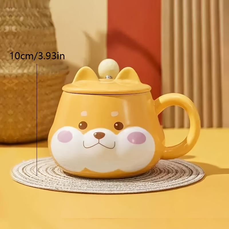 2pcs Cute Dog Design Ceramic Coffee Mug and Spoon Set ,Yellow with White Accents, Hand Wash Only, Reusable, Perfect for Birthdays and Everyday Use