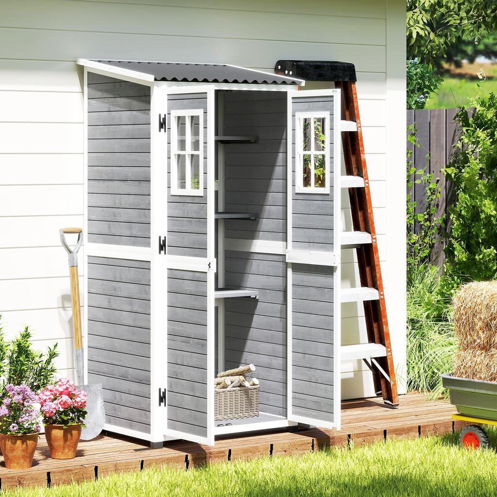 Wooden Garden House with Adjustable Shelves, Two Doors with Lock and Windows, Grey