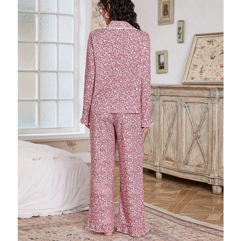 Spring Floral Lace Pajama Set: European & American Style, Long Sleeve, Lapel Design for Women