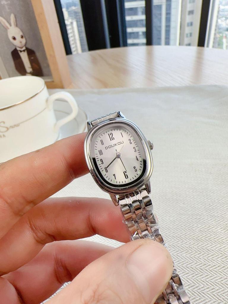 Women's Minimalist Quartz Watch with Elliptical Dial and Digital Markers, Steel Band, Small Wristwatch
