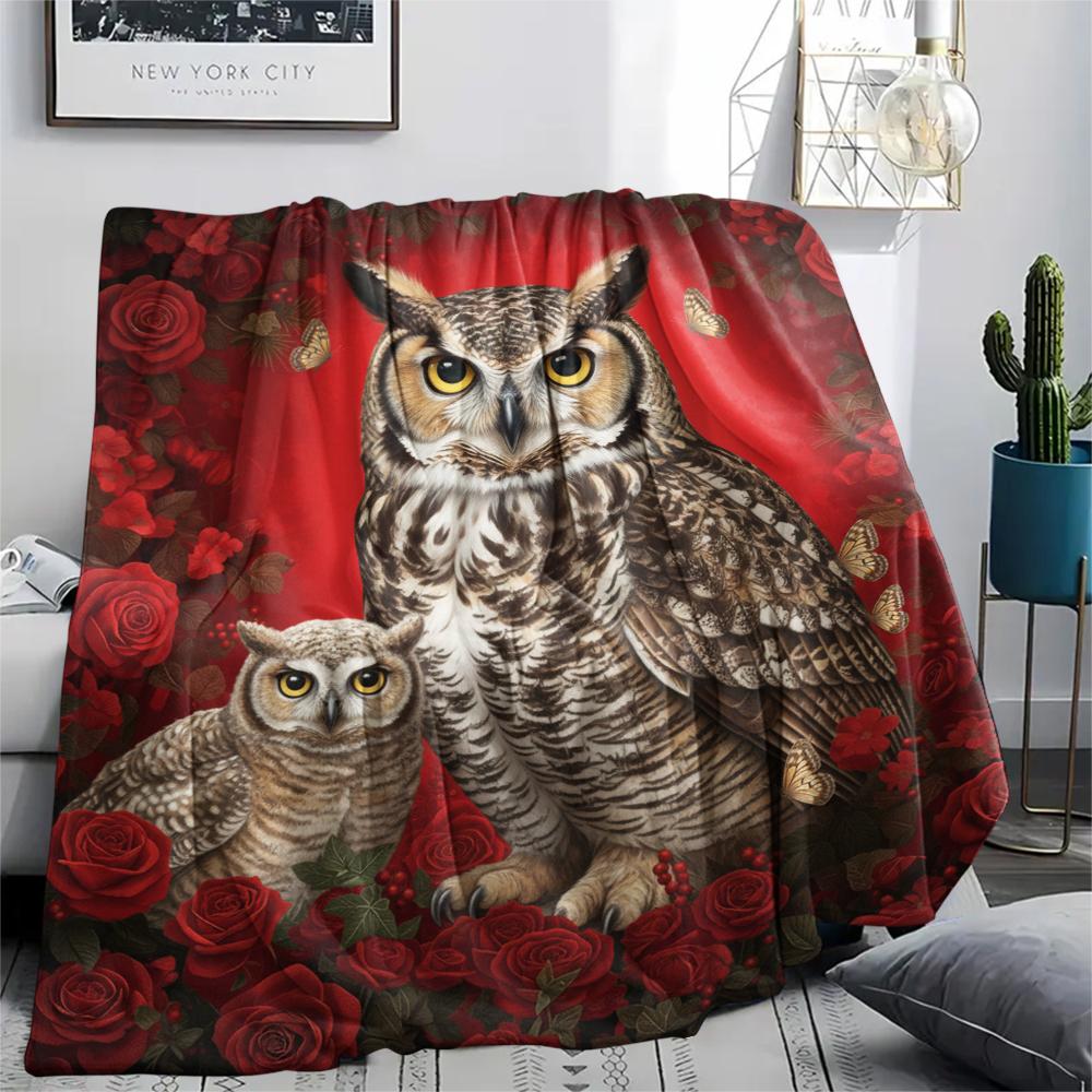 1PC Red Rose Owl Print Flannel Blanket, High Quality All Seasons, Home Decor, Warmth and Comfort, Perfect for Christmas Gifts