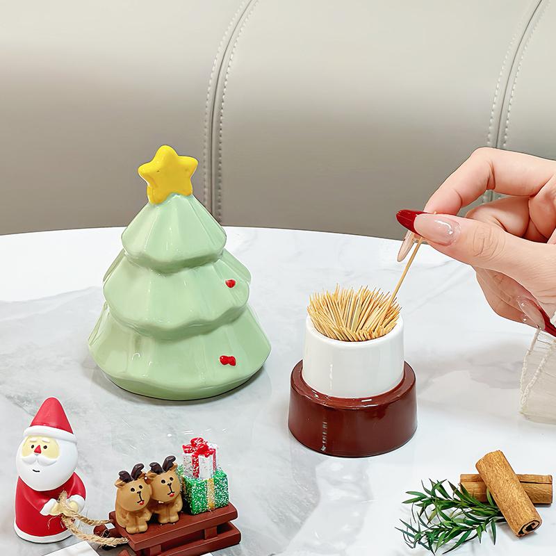 Porta-Palitos Árvore de Natal Fofa Cerâmica Caixa de Fio Dental Ornamento de Mesa Decoração de Natal