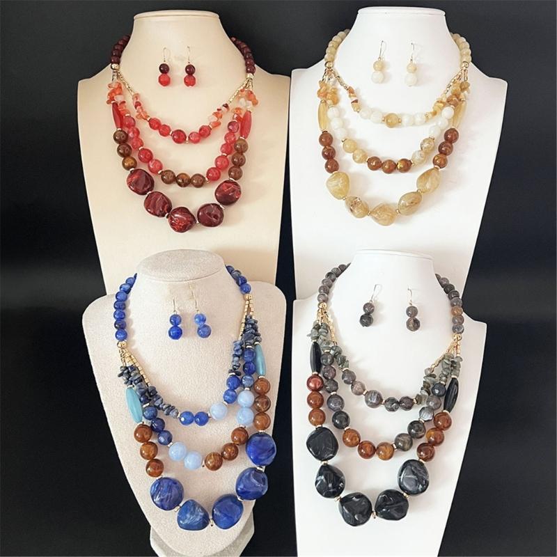 Layering Beaded Collarbone Necklace Set with Matching Earrings Fashionable Multi Strand Acrylic Jewelry For Women
