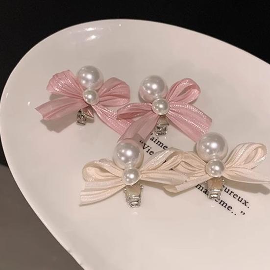 2Pcs Kids Hairpins Ribbon Bow Faux Pearls Decor Baby Hair Clips Rounded Edges Gentle Clamping Force Mini Size Hair Pins
