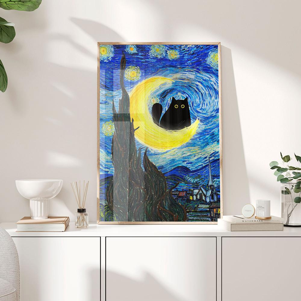 Vincent Van Goghs „Sternennacht“-Katzen-Druck, Poster, abstrakte schwarze Katze, Kunst, Leinwandgemälde, lustiges Geschenk, Wohnzimmer, nordisches Dekor