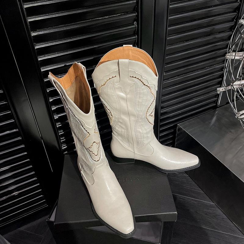 

Западные ковбойские сапоги V-образный вырез плоская подошва женские 2025 дизайн нишевые длинные сапоги модный тренд повседневные универсальные 40