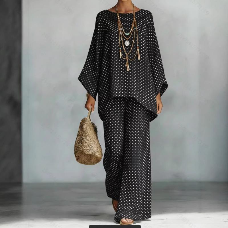 European and American lazy style two-piece set, loose bat-sleeved top + drape wide-leg pants casual suit for women