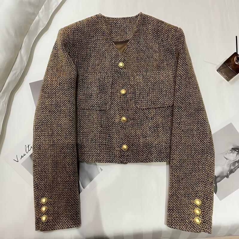 Khaki Woolen Cardigan - 2024 Autumn British Socialite Style for Women