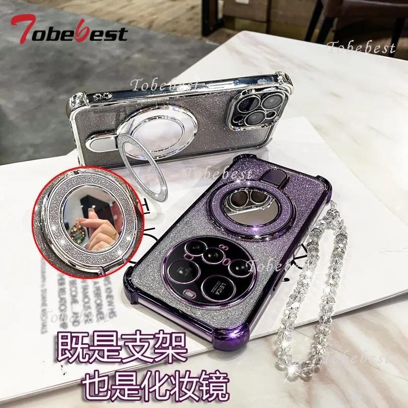 For Xiaomi 15 Ultra 14 14T 13 12 Pro Case Glitter Plating Mirror Magnetic Phone Holder Bracelet Cover