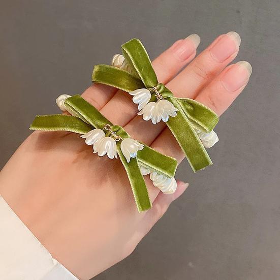 Girl Hair Tie Flower Charm Velvet Bow Decor Soft Pleated Fabric High Elastic Rubber Band Hair Rope Travel Commuting Hair Accessories
