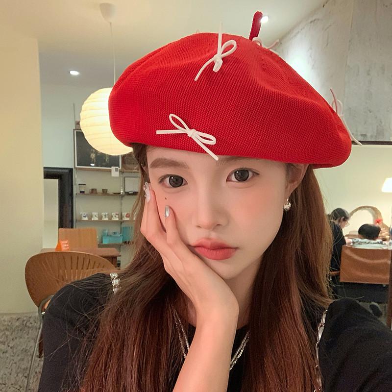 Bow Beret Red Painter Hat Uv Protection Breathable Female Lightweight Style