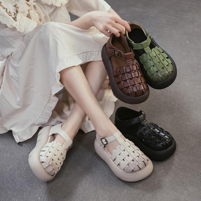 Johnature Genuine Leather Retro Handmade Woven Thick Soled Sandals Versatile Women's Platform Shoes