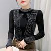 Frühling Herbst Europäischer Leopard Kleidung T-Shirt Elegant Damen Stehkragen Glänzend Heiße Diamanten Oberteile Mode Langarm Slim Mesh Tees
