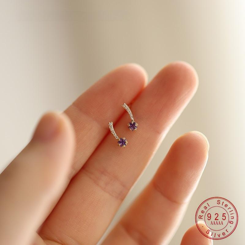 925 Sterling Silver Electroplated 14K Gold Purple Zircon Star Earrings for Women Korean Cute Jewelry Design