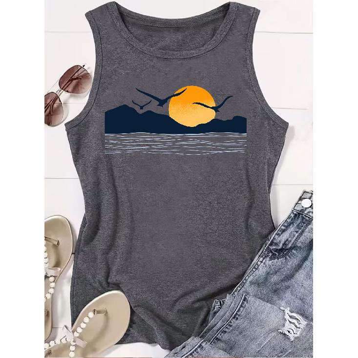 2026 New Sunset Seabird Landscape Print Round Neck Women Sleeveless Vest Soft Versatile Casual Summer Tank Top