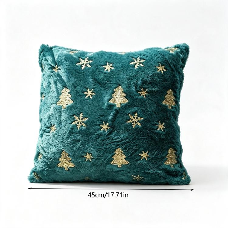Christmas Cushion Cover with Gold Sequins Embellishment, Plush Faux Furs Square 18 X 18Inch Pillow Cover for Sofa, Bed, and Winter Room Decors