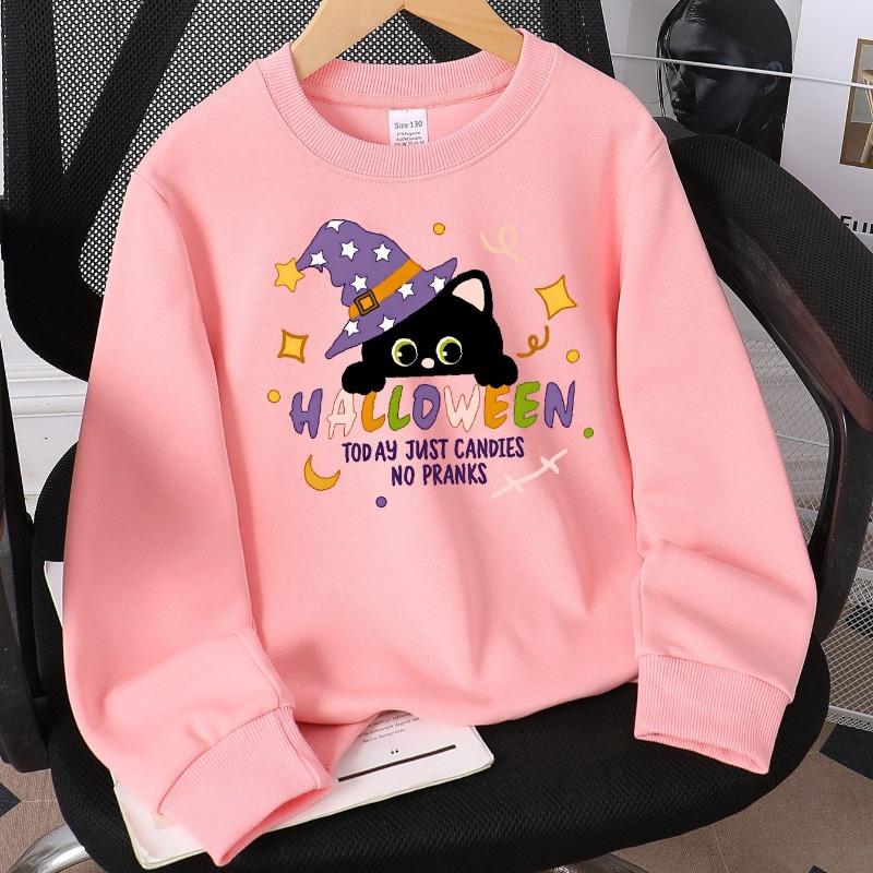 Kids Crewneck Sweatshirt, Halloween Black Cat Witch Hat Candy No Pranks Print, Soft Casual Pullover for Fall