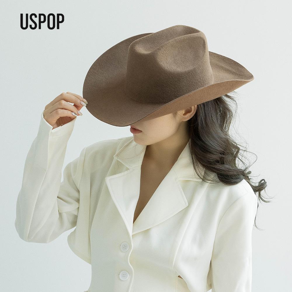 USPOP Chapeau de Cowboy 100% Laine Unisexe Chapeau Feutre à Large Bord Couleur Unie Style Fedora Classique Plusieurs Tailles S–XL Automne Hiver