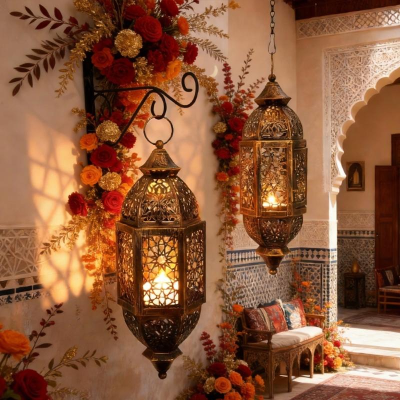 Portacandele in Ferro Battuto Marocchini Lanterna con Design Traforato da Appendere Decorazioni Regalo per Eid Ramadans