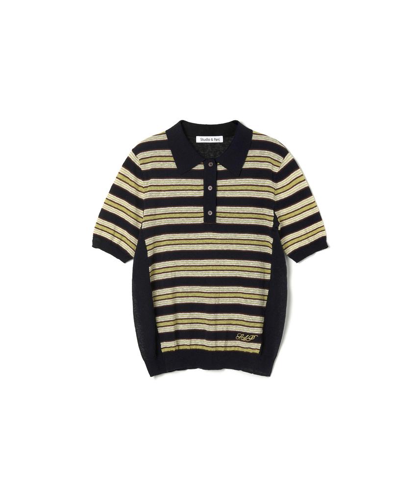 Seutyudioaenpaleukeu Striped Collar Short Sleeve Knit_Navy