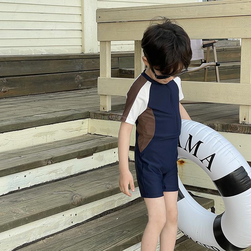 New Toddler Boys' Korean Style Black & White Color Block One-Piece Swimsuit - Quick-Drying & Sun-Protective