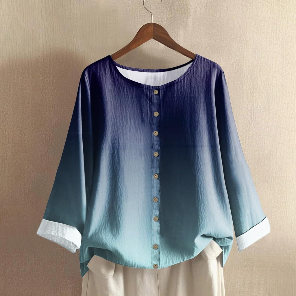 Women's Casual Long-sleeved Round Neck Gradient Cotton And Linen Top