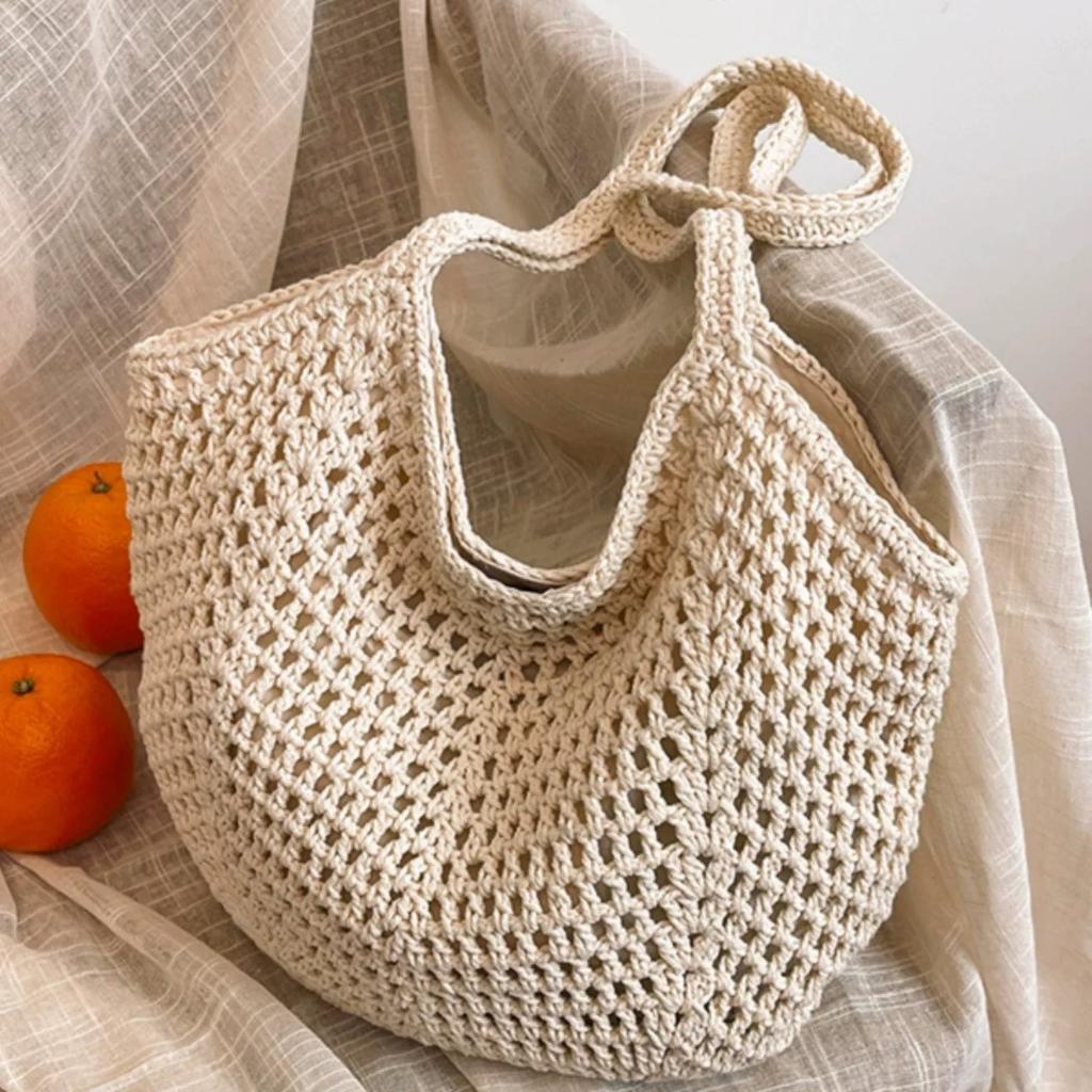 Cotton Rope Woven Straw Bag Women's New Large-capacity Spring and Summer Versatile Leisure Shoulder Seaside Vacation Beach Bag