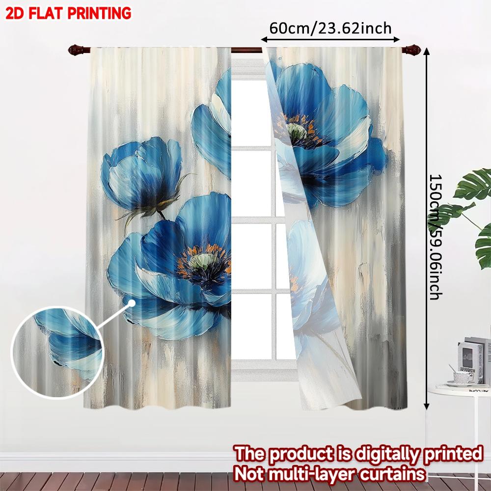 2D Flat Printing 2pcs Curtain Drapes Blue Blossoms Digital Printed Polyester Drapes Family Party Decoration Perfect for Holiday