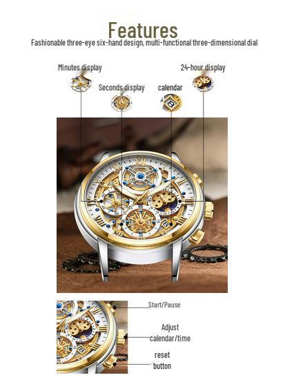 Ceas de mână elegant cu schelet pentru bărbați, cu mecanism quartz: Luminos, Rezistent la apă, Brățară din oțel