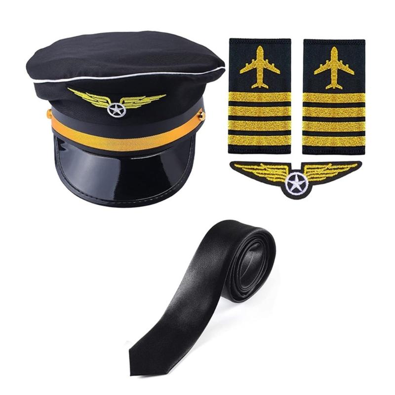 Flugkapitän-Kostüm für Erwachsene, Piloten-Cosplay-Accessoire, Uniform, Schulterklappen, Hut, Krawatte, Flugbegleiter-Rollenspiel-Outfit