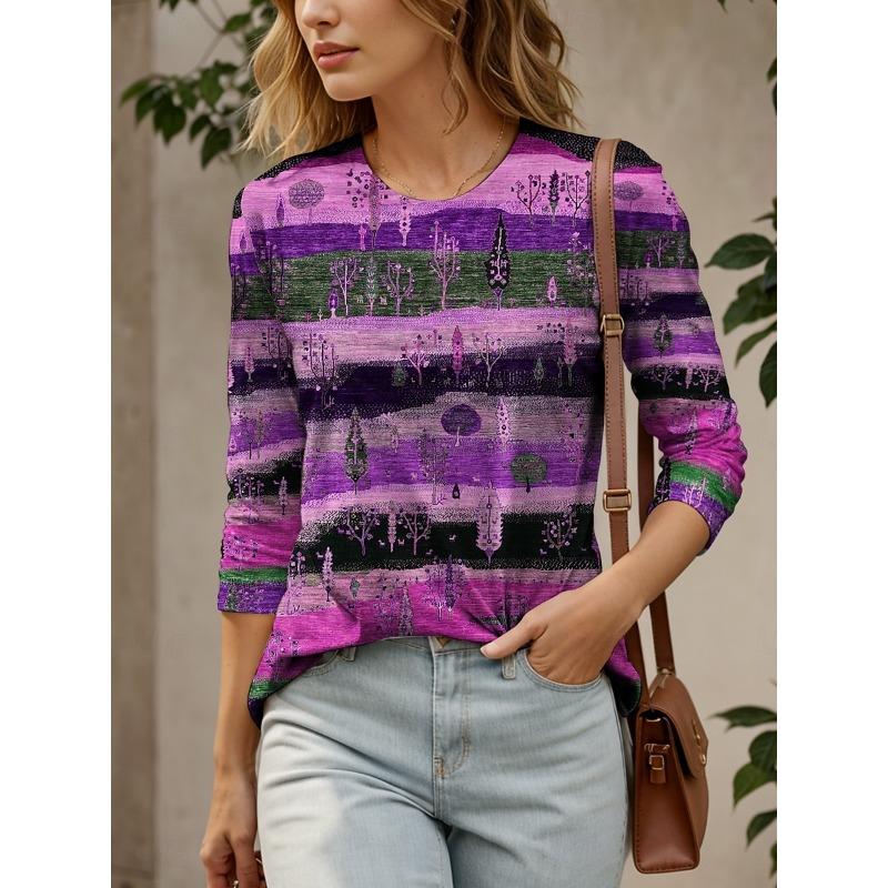 Women's T shirt Long Sleeve Crew Neck Long Sleeve Tunic Graphic Geometric Striped Elegant Vintage Round Neck Regular Tops