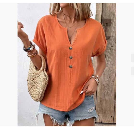 Women Shirts V-Neck Buttons Short Sleeve Loose Blouses Solid Color Casual Summer Tee Shirt Daily Wear Tops Ladies