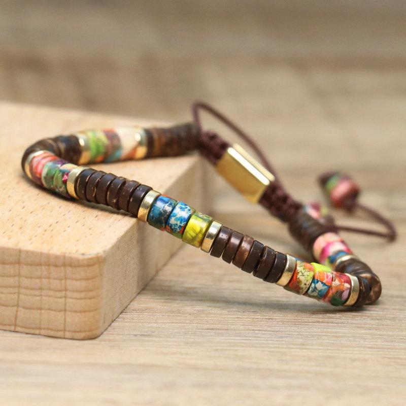 Turquoise Coconut Shell Beaded Bracelet – Gold Accent Adjustable Boho Jewelry, Natural Stone Healing Gift for Men & Women