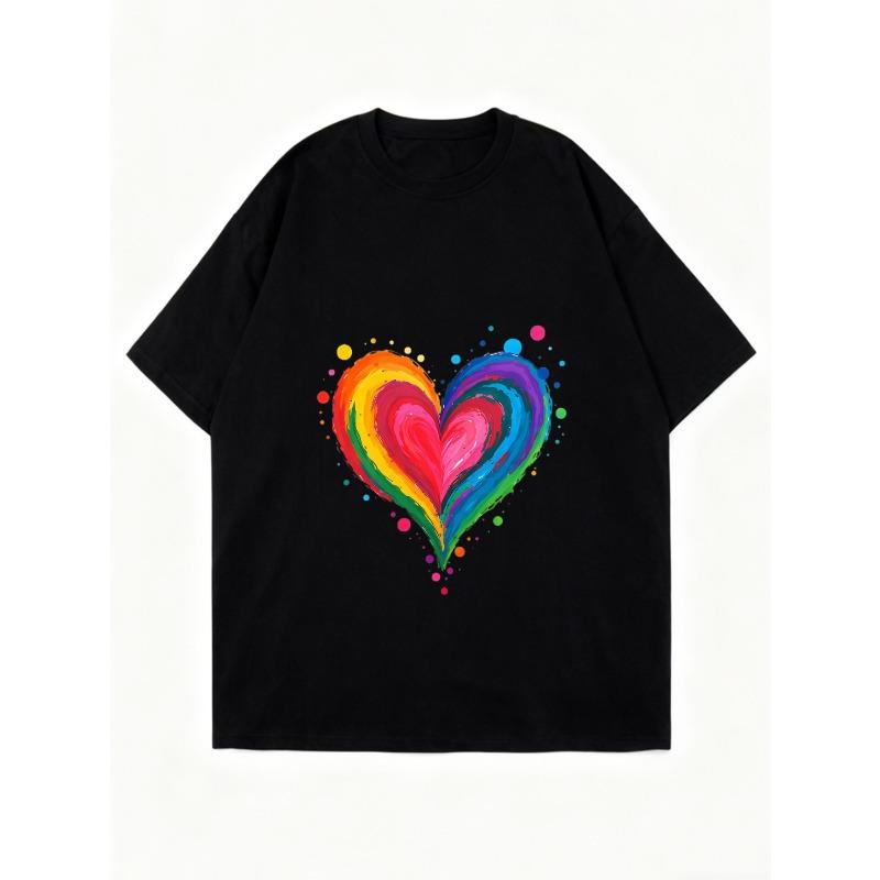 Oversize Women's Short-Sleeve T-Shirt with Rainbow Brushstroke Heart and Colorful Ink Spot Print