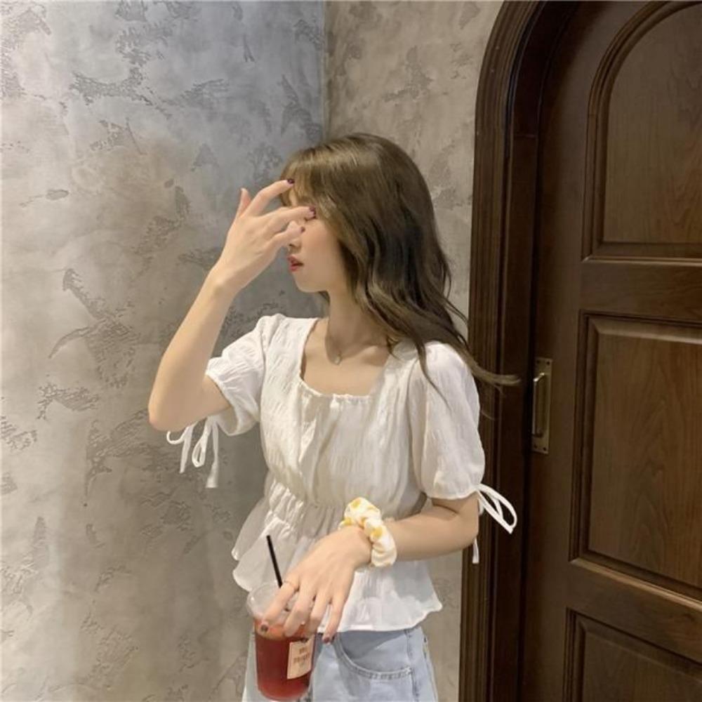 Square Collar Puff Sleeve Short Top Women's Short Sleeve Shirt Design Niche