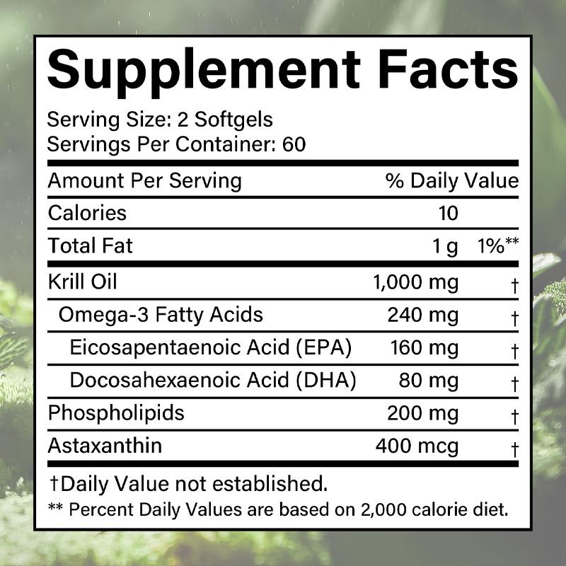 Antarctic krill oil 1000 mg, rich in Omega-3 fatty acid EPA, with anti-aging and immune-boosting effects. 120 capsules.