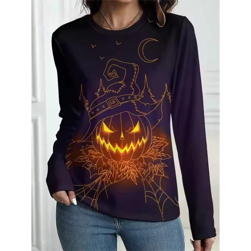 Autumn Women's Halloween T-Shirt Fashion Long Sleeve Party Tops Casual Spooky 3D Printing Loose Shirts OverSized Clothing