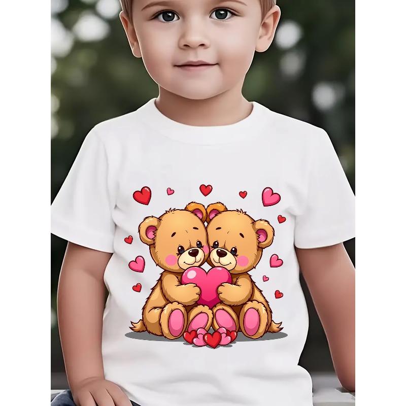 European Sizes [Boys' Teddy Bear T-Shirt] Boys' Cute Teddy Bear Holding Heart T-Shirt - Summer Short Sleeve Casual Round Neck Top