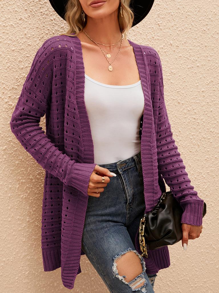 Dámský kardigan s otevřeným předním dílem, dlouhým rukávem, dírkovaný, volný, pletený, ležérní kabát